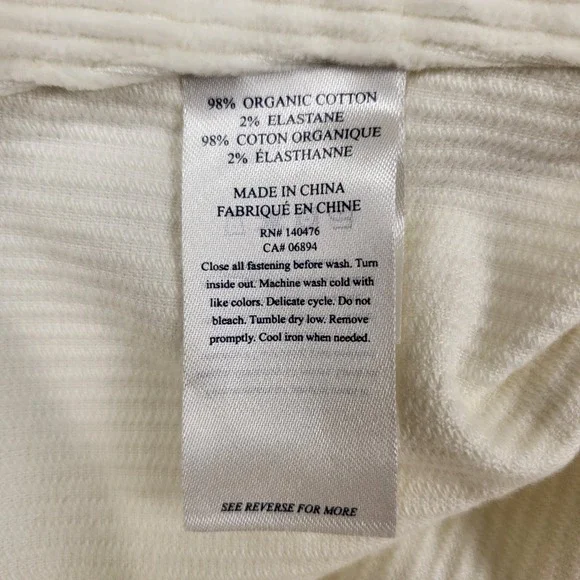 Faherty Walker Cord Overall Egret White Organic Cotton Bib Stretch NWT Womens S